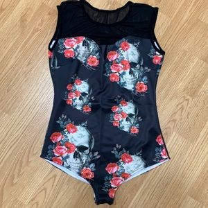Spandex/Mesh Rose and Skull Printed body suit